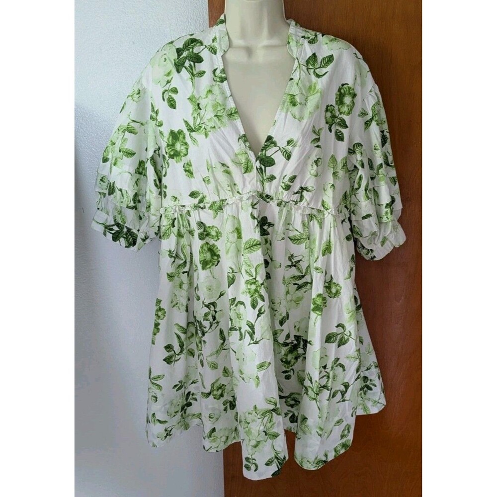 Anthropologie Maeve V-Neck Floral Tunic Mini Dress Green Motif Puff Sleeve Sz L